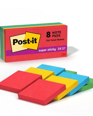Post-it Super Sticky Notes, 8 Sticky Note Pads, 1.875 x 1.875 in., Back to School Supplies for Students, Ideal for Textbooks, Notebooks, and Vertical Surfaces, Playful Primaries Collection