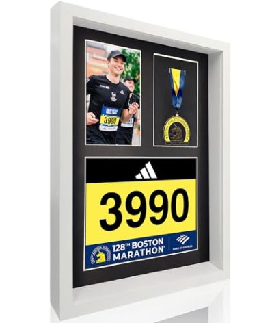 3-in-1 Shadow Box Display with Real Glass (Medal, Race Bibs, and Photo Display) – Marathon Medal Display and Frame, Triathlon & Running Bib Holder, Wall-Mounted, Real Tempered Glass- White