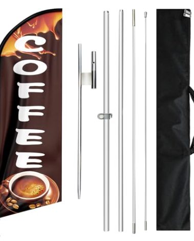 QSUM 11FT Coffee Feather Flag Kit, Windless Swooper Flag with Aluminum Alloy Pole, Stainless Steel Stake & Carry Bag, Outdoor Coffee Shop Banner