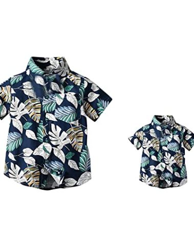 Daddy and Me Matching Outfits Hawaiian Beach Tropical Print Father and Son Matching Shirts for Family Photoshoot Short Sleeve Men Father's Day Tops Boys Summer Vacation Dark Blue Leaves 12-18 Months