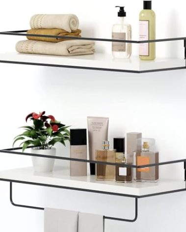 Shario White Floating Shelves - Set of 2, Wall Mounted Hanging Shelves with Black Towel Rack, Decorative Storage Shelves for Bathroom, Kitchen, Living Room & Bedroom (Modern White, 15.7 Inches)