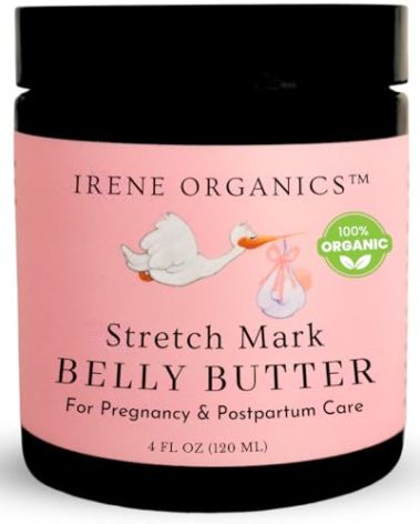 Organic Belly Butter for Pregnancy Stretch Mark Prevention and Treatment by Irene Organics - Award Winning Anti Stretch Mark Tummy Balm For Pregnancy and Postpartum 4oz - Hydrating Bump Cream