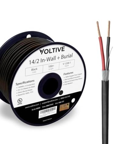 Voltive 14/2 Speaker Wire - 14 AWG/Gauge 2 Conductor - UL Listed in Wall (CL2/CL3) and Outdoor/In Ground (Direct Burial) Rated - Oxygen-Free Copper (OFC) - 100 Foot Spool - Black
