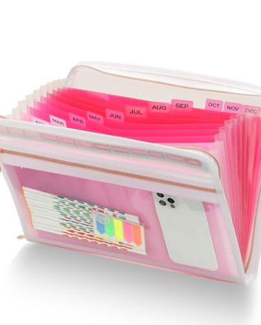 H4D 13 Pocket Expanding File Folder Organizer with Front Clear Pounch, Accordion File Organizer with Zipper Clourse, Fit for Letter Size Papers, Pink