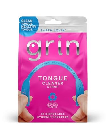 GRIN Tongue Cleaner Strap, 48 Count, Disposable Tongue Cleaner, Hygienic Dual Edge Scraper, Recycled Plastic, Clean Tongue, Healthy Tongue, Promote Fresh Breath, Includes Safe Fold- Back Tooth Pick