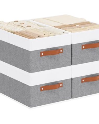 YheenLf Storage Basket for Shelves, Closet Bin with Handles, 18.5×11×7.9inch Open Foldable Baskets, Fabric Containers Clothes Boxes for Organizing, White and Grey, 4-Pack