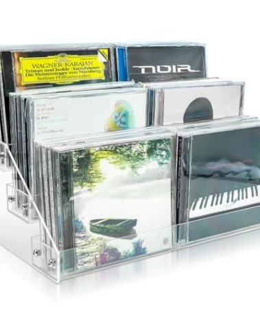 3Tier Clear Acrylic CD Holder Cascading CD Storage Rack,DVD/CD Display Rack & Vinyl Record Storage Stand Holds up to 24 Standard CD Cases for Media Shelf Storage and Organization (clear, Medium size)