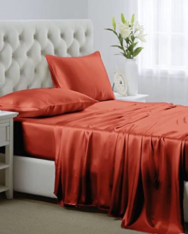 Lanest Housing Silk Satin Sheets, King Size Satin Bed Sheet Set with Deep Pockets, Cooling Soft and Hypoallergenic Satin Sheets King - Burnt Orange