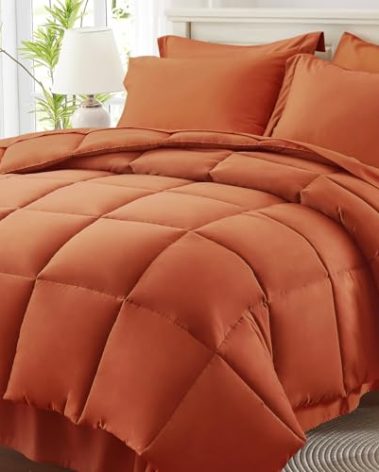 Anluoer King Size Bed in a Bag 7 Pieces, Burnt Orange Bed Comforter Set with Sheets, All Season Bedding Sets with 1 Comforter,2 Pillow Shams,2 Pillowcases, 1 Flat Sheet, 1 Fitted Sheet