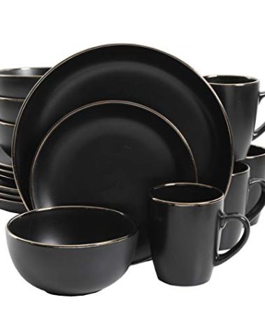 Gibson Home Rockaway Round Stoneware Dinnerware Set, Service for 4 (16pcs), Black/Gold Rim