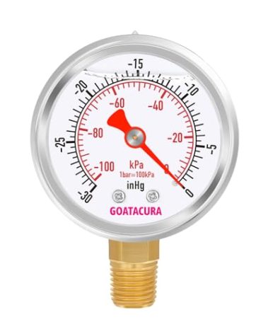 GOATACURA -30inHg/kpa-0 Glycerin Filled Vacuum Pressure Gauge, 2" Dial Size, 304 Stainless Steel Case, 1/4" NPT Lower Mount, with High Accuracy