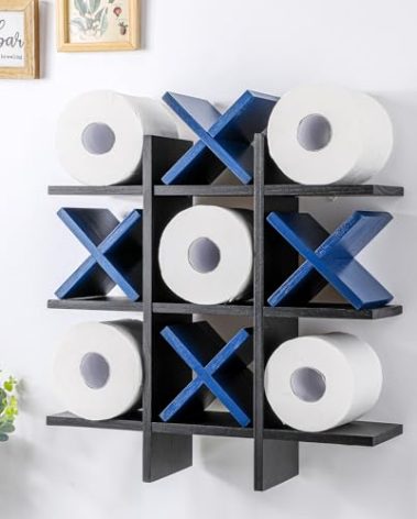 Weysat Tic Tac Toe Toilet Paper Holder Stand Bathroom Wall Decor Rustic Wooden Hanging Storage Freestanding Wall Mounted Shelves Decor for Toilet Tissue Farmhouse