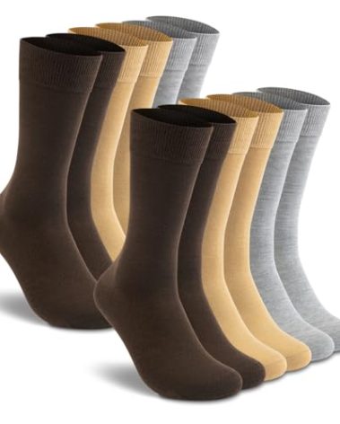 LIXIA Men's Thin Merino Wool Socks, Cozy Casual Winter Warm Breathable Mid-calf Dress Socks(6 Pairs - Brown/Beige/Light Grey)