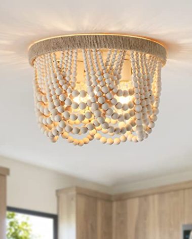 AMZASA Wood Beaded Flush Mount Ceiling Light Farmhouse Rustic Small Boho Chandelier Light Fixture for Bedroom Hallway Entryway Closet Kitchen Dining Room Living Room Nursery 3-Lights