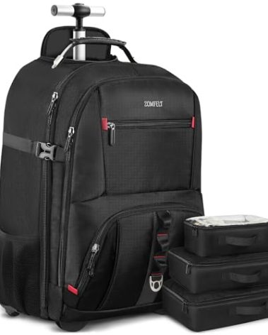 ZOMFELT Rolling Backpack, Travel Backpack with Wheels, Carry on Backpacks with 3 Packing Cubes, 17.3 Inch Wheeled Laptop Backpack for Men Women Adults to Travel Work Business Black