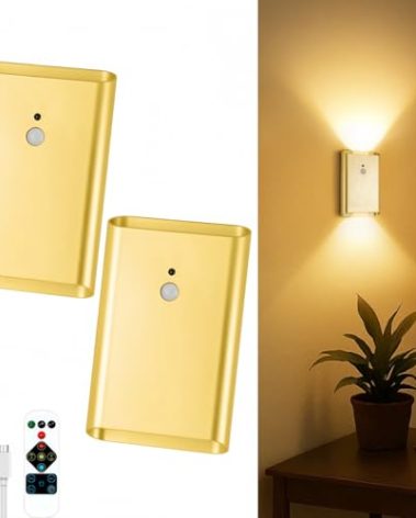 Battery Operated Wall Sconce Set of 2: 5000mAh Rechargeable Motion Sensor Night Light Indoor, 3CCT Dimmable Wireless Wall Lights Magnetic LED Up and Down Wall Lamp for Bedroom Closet Stair, Gold