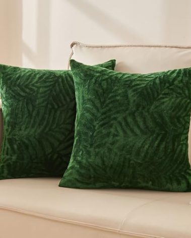 SOCHOW Decorative Throw Pillow Covers 18x18 Inches Set of 2, Soft Leaves Textured Flannel Fleece Pillowcase Square Cushion Covers for Sofa Couch Bed, Olive Green