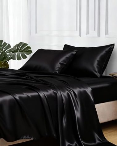 MR&HM Satin Bed Sheets, Twin XL Size Sheets Set, 3 Pcs Silky Bedding Set with 15 Inches Deep Pocket for Mattress (Twin XL, Black)