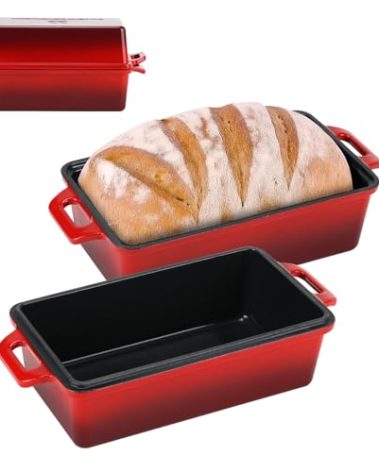 Northriver Casting 9x5 Inch Enameled Cast Iron Loaf Pan with Lid, Perfect Bread Baking Pan | Even Heat Distribution for Homemade Bread, Cake, Meatloaf,2 Piece set,Red