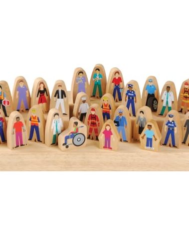 Constructive Playthings Wooden Community Helpers 25-Piece Wood Block Play Figurine Set, Freestanding Inclusive and Diverse Wood Toy Figures for Kids Ages 3+