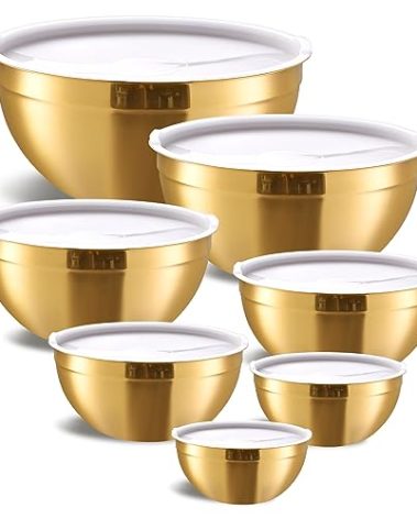 Moxinox Gold Mixing Bowls with Airtight Lids, Stainless Steel Nesting Mixing Bowls Set of 7, Ideal for Baking, Prepping and Serving Food, Size 7, 3.6, 2.7, 2.1, 1.5, 1.1,0.8 QT, Stackable Design