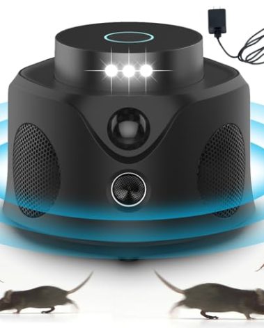Zimwu Rodent Repellent Indoor, 360° Ultrasonic Pest Repeller with 9 Strobes & 3 Speakers, Electronic Humane Mouse/Squirrel Traps, Bat for Attics, Houses, Garages, Family & Pets Safe, black-1pack