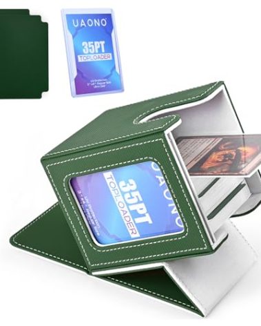 UAONO Card Deck Box with MTG Commander Display, Deck Case Holds 100+ Double-Sleeved Cards, Trading Card Storage Box Fits TCG/PTCG/Sports Card with 2 Dividers, 1 Toploader (Green, White)