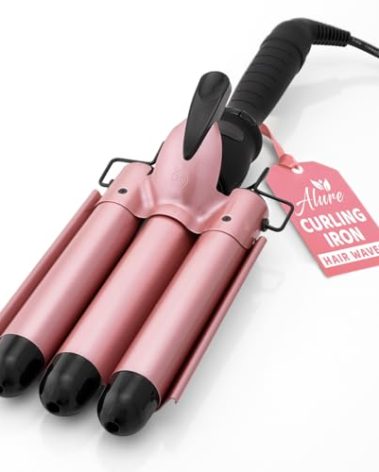 Alure Three Barrel Curling Iron Wand Hair Waver with LCD Temperature Display - 1 Inch Ceramic Tourmaline Triple Barrels, Dual Voltage Crimp (Rose Gold)
