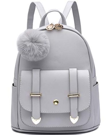I IHAYNER Girls Fashion Backpack Mini Backpack Purse for Women Teenage Girls Purses PU Leather Pompom Backpack Shoulder Bag Grey