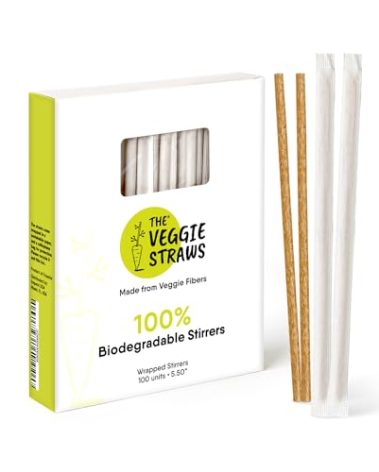 100% Biodegradable Individually Wrapped Cocktail Stirrers – 100 PCS of 5.50 Inches Premium Quality Disposable Coffee Stirrers, Best Biodegradable Stirrers for All Drinks – By The Veggie Straws