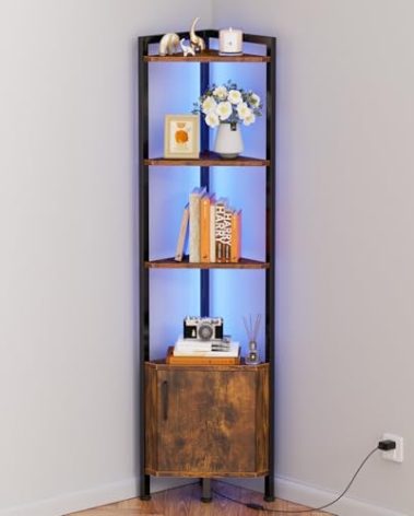 Furnulem Corner Shelf,5-Tier Corner Cabinet with Storage and LED Light, 62.8” Standing Display Bookshelf for Bedroom, Living Room, Kitchen, Wood Display Shelf (Rustic Brown)