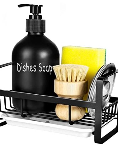 TEZZ Sponge Holder for Kitchen Sink- Stainless Steel Kitchen Sink Caddy for Organizing Sponge, Brush & Soap Dish Dispenser, coutertop Organizer Rack with Adhesive or Counter top, Black
