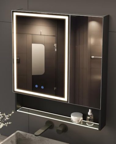 30"×34" Lighted Medicine Mirror Cabinet with Storage Adjustable Brightness 3 Color Temperature Lighting Anti-Fog Sturdy Aluminum Medicine Cabinet with Lights 2 Socket & 2 USB Ports & Adjustable Shelf