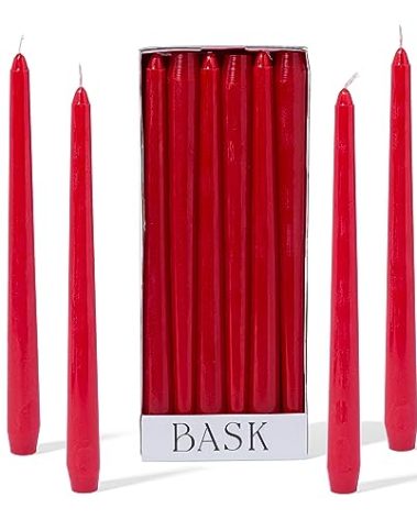 Bask 10-inch Taper Candles - Unscented and Dripless - Burns for 8 Hours - Home Decor for Dinner Table, Kitchen, and Bedroom - Perfect for a Romantic Date or Anniversary - 12-Pack - Red