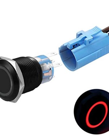 19mm Latching Push Button Switches SPDT ON/Off Waterproof Black Metal 12V Ring LED with Wire Plug (Red)