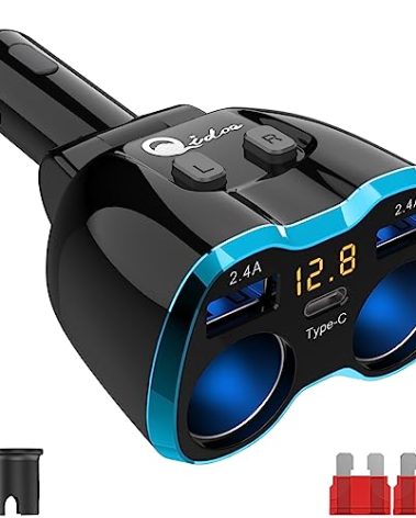 Cigarette Lighter Splitter: USB C 12V Car Charger Adapter 2 Socket Type C Multi 12 Volt Power Outlet 24V DC 80W with LED Voltmeter Switch 6.3A Dual USB Port for Mobile Cell Phone GPS Dash Cam