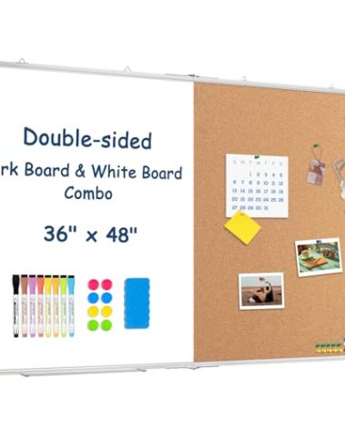Large White Board Dry Erase Foldable Cork Board Combo, 48" x 36" Double Sided Dry Erase Board for Wall, Magnetic Whiteboard Cork Board Combination for Office, Home, School, Kitchen