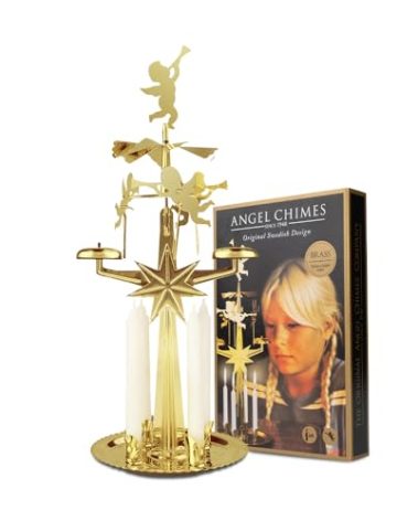 Original Swedish Angel Chimes, Carousel and 4 Candles – Scandinavian Spinning Festive Chimes for Christmas, Best Memorial Gift Since 1948, Home Decorations - Gold Brass