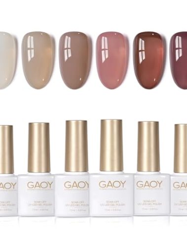 GAOY Jelly Brown White Gel Nail Polish Set, 6 Translucent Colors Sheer Pink Maroon Soak Off UV Light Cure Gel Polish Kit for Salon and Nail Art DIY at Home