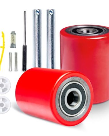 Pallet Jack/Truck Load Wheels Full Set with Axles and Entry Exit Roller 3" x 3.75" with Bearings ID 20mm Poly Tread Red