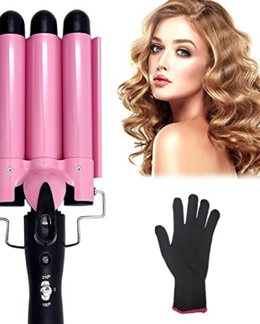 Newlemo 3 Barrel Curling Iron 25mm, 1-Inch Crimper Hair Iron Temperature Adjustable, Hair Crimper Ceramic Tourmaline Fast Heating Curling Wand with Heat Resistant Glove(Pink)