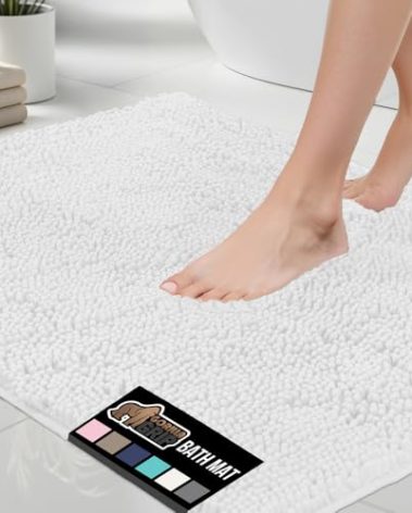 GORILLA GRIP Bath Rug Mat, Thick Soft Absorbent Chenille, Quick Dry Microfiber Mats, Rubber Backing Washable Shower Floor Rugs, US Designed Bathroom Bathmat Home Decor Accessories, 24x17, White