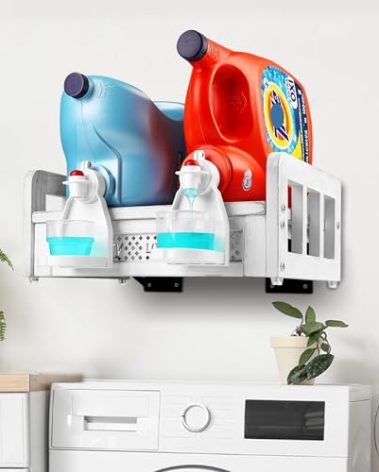 Besuerte Liquid Laundry Detergent Holder Wall Mounted, Detergent Dispenser for Laundry Room - Farmhouse Laundry Station Storage Laundry Detergent Stand Hold Two Laundry Bottles, Rustic White