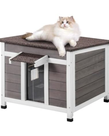 VEVOR Outdoor Cat House Weatherproof, Feral Cat Shelter for Multiple Cats, Outdoor Wooden Cat Rabbit House with a Window, Open Roof and PVC Door Flaps, 24" L x 21" W x 18" H