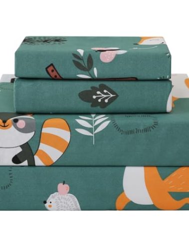 JSD Green Forest Animals Kids Sheet Set Full Size, 4 Piece Woodland Printed Microfiber Bed Sheets Deep Pocket