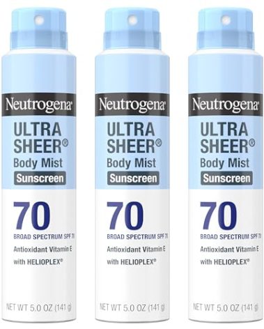 Neutrogena Ultra Sheer Body Mist Sunscreen Spray, Broad Spectrum SPF 70, Lightweight Spray Sunscreen, Non-Greasy & Water Resistant, Oil-Free & Non-Comedogenic UVA/UVB, 5 oz, Pack of 3