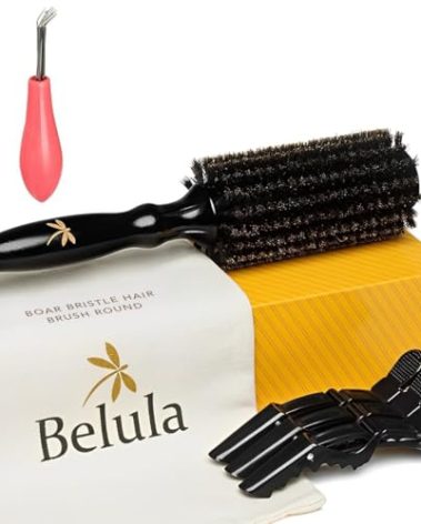Belula 100% Soft Boar Bristle Round Brush for Blow Drying Set. Round Hair Brush With Large 2.4” Wooden Barrel. Hairbrush Ideal to Add Volume and Body. Free 3 x Hair Clips & Travel Bag