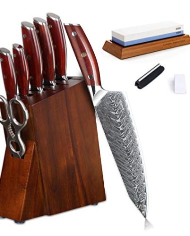 YARENH 8-Piece Kitchen Knife Set with Block,Damascus Chef Knife, 67-Layer High Carbon Stainless Steel,Sharp Rust-Resistant Blades,Sandalwood Handle