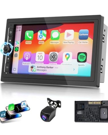 7inch Car Stereo Double Din Wireless Carplay & Android Auto, 1080P AHD Backup Camera, 2G+32G DSP Touchscreen Radio with Bluetooth, FM/AM/RDS, 4-Core CPU, Split Screen, APK Download