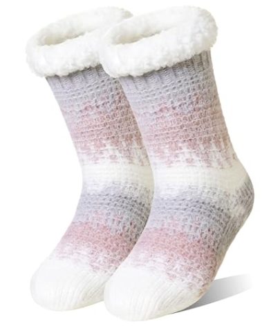 AMENLAN Womens Fuzzy Slipper Grips Socks Fluffy Winter Warm Fleece Lining Non Slip Thick Thermal Cozy Plush Socks (Pink)